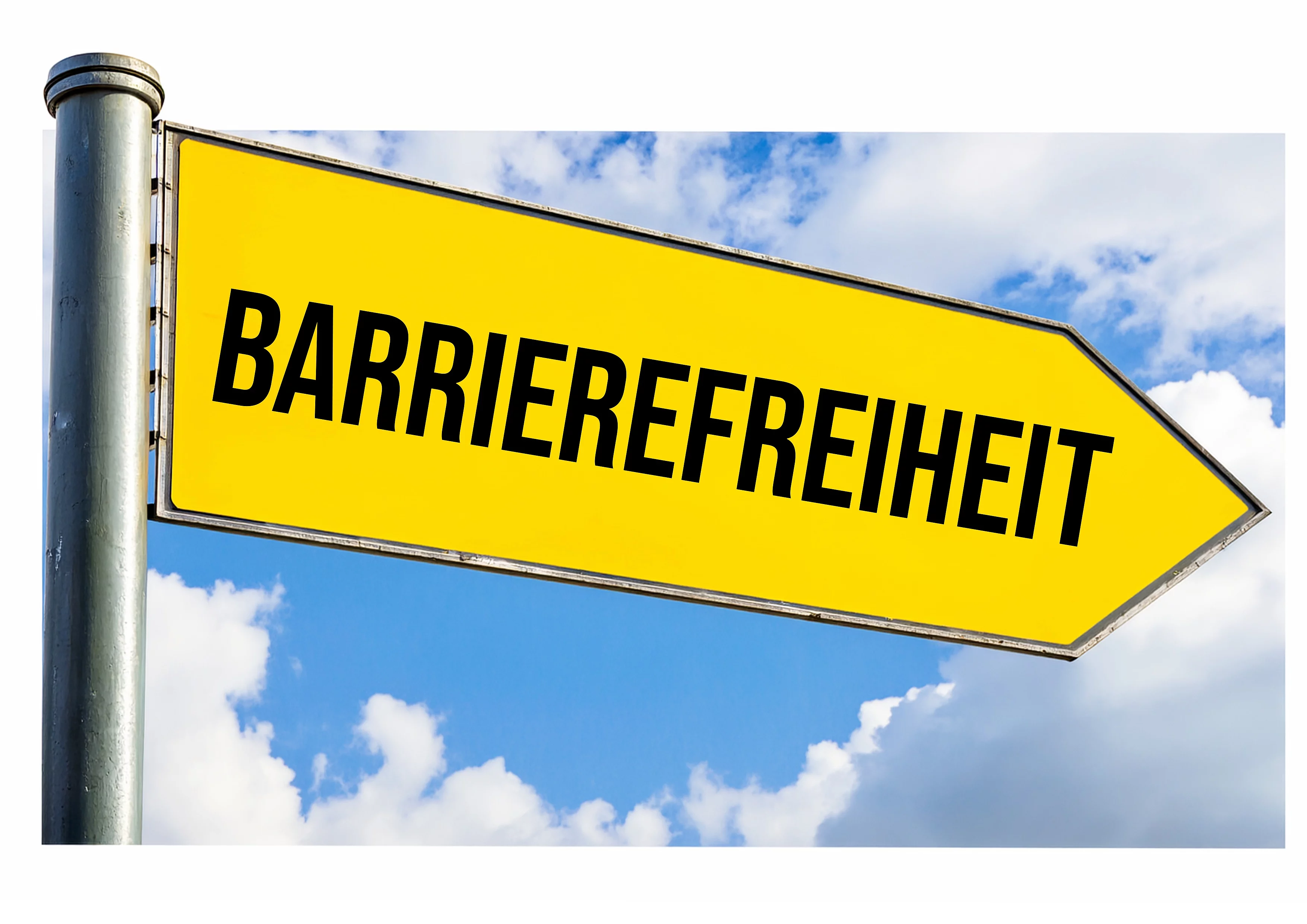 Gelber Wegweiser mit dem Schriftzug 'BARRIEREFREIHEIT' vor blauem Himmel mit Wolken