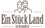 Braun-schwarzes Logo mit zwei stilisierten Köpfen über dem Schriftzug 'Ein Stück Land iss besonders'