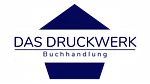 Blaues Fünfeck mit weißem Rechteck davor, darin der Text 'DAS DRUCKWERK' in Großbuchstaben und darunter 'Buchhandlung' in Kleinbuchstaben