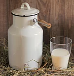 Weiße Milchkanne mit Holzgriff neben Glas mit Milch auf Heuboden