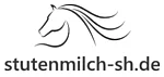 Schwarz-weiße Logozeichnung eines Pferdekopfes mit fließender Mähne über der Webadresse 'stutenmilch-sh.de'