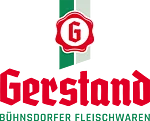 Rotes Siegel mit weißem Kreis und rotem Buchstaben G darüber roter Schriftzug 'Gerstand' und darunter grüner Schriftzug 'Böhnsdorfer Fleischwaren'