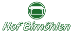 Grünes Logo mit einem stilisierten Dach und dem Schriftzug 'Hof Bimöhlen' in kursiver Schrift