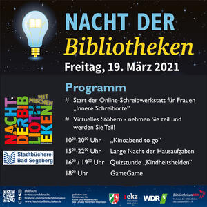 Bild vergrößern: Nacht der Bibliotheken Programm 
Freitag, 19 März 2021
Programm
# Start der Online-Schreibwerkstatt für Frauen
# Virtuelles Stöbern - Nehmen Sie teil und  werden Sie teil
10:00 - 20:00 Uhr 